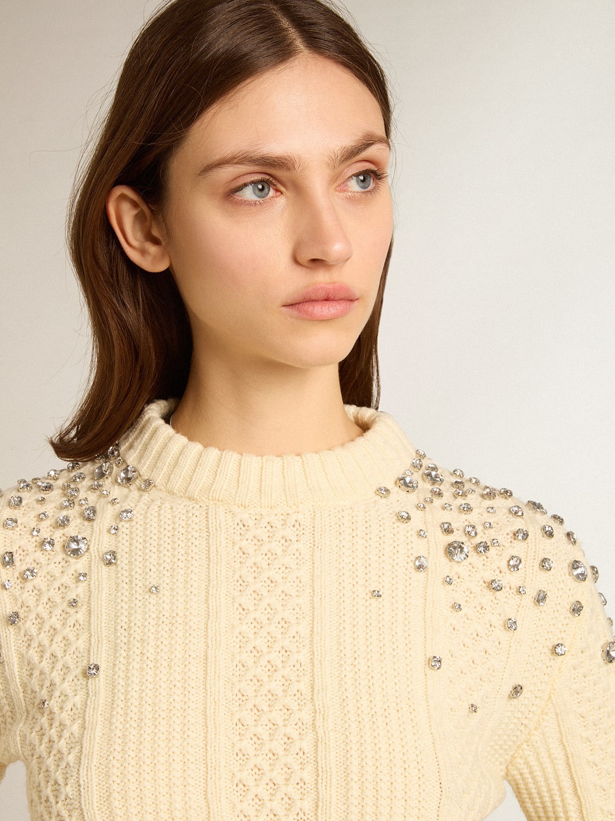 Cropped sweater in white wool with crystals - 2