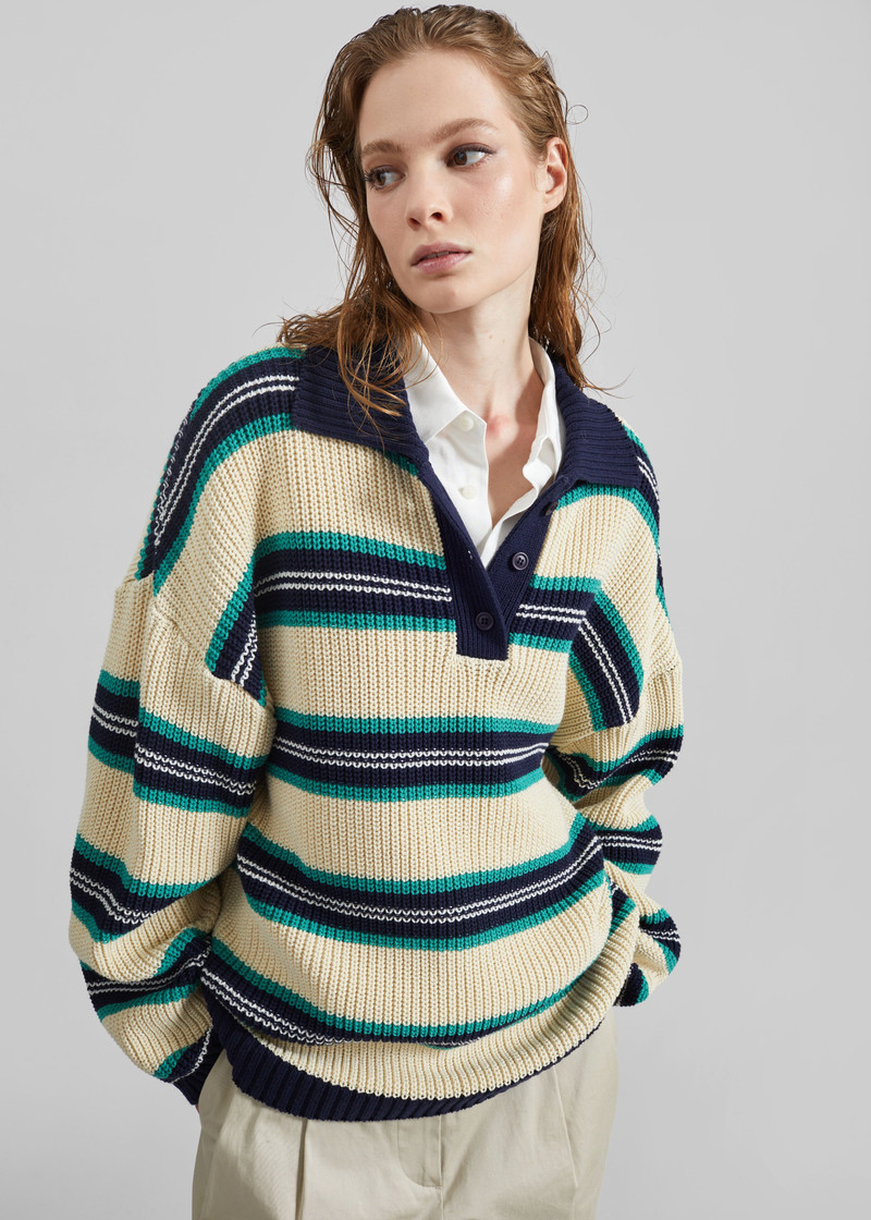 Nordby Knit Polo Sweater - Cream/Navy Stripe 5