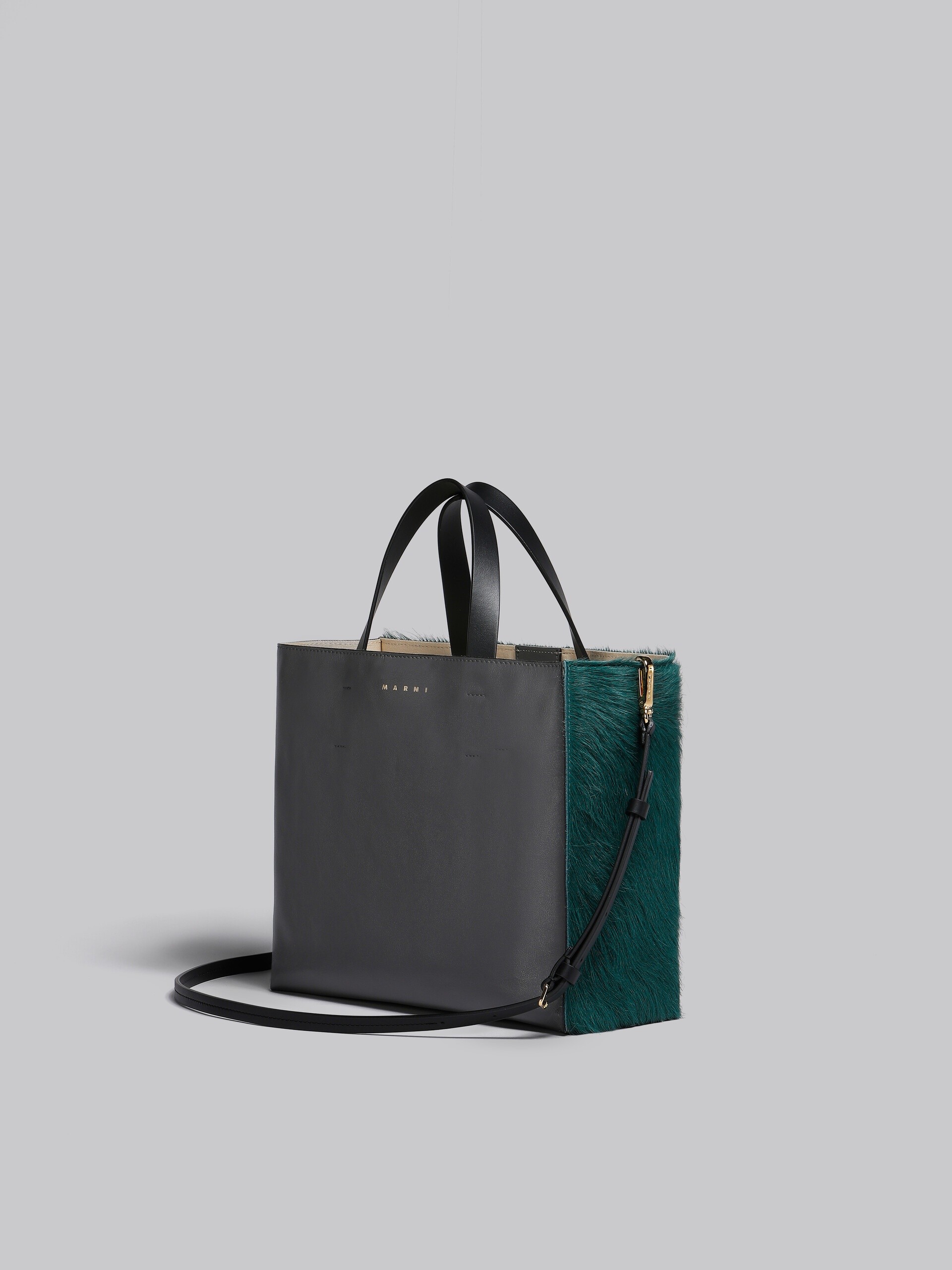 MUSEO SOFT BAG E/W IN DARK GREEN GREY AND BLACK LONG-HAIR CALFSKIN - 3