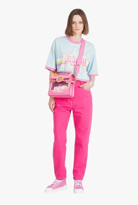 Balmain x Barbie - Blue eco-designed cotton cropped T-shirt with pink Balmain logo print - 2