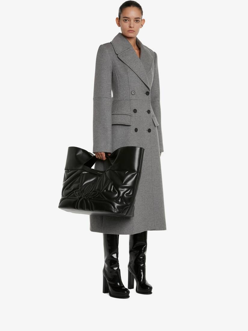 Women's Double-breasted Military Coat in Grey Melange - 5