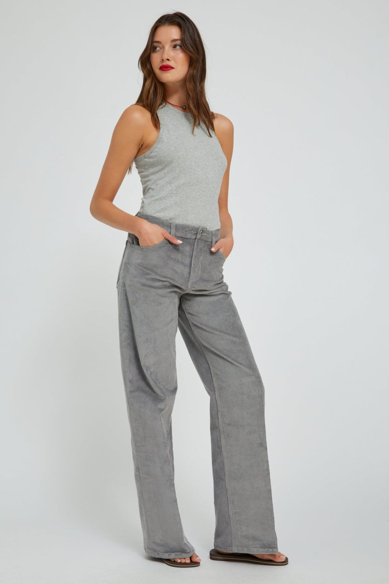 GREY CORDUROY WIDE LEG TROUSERS - 4