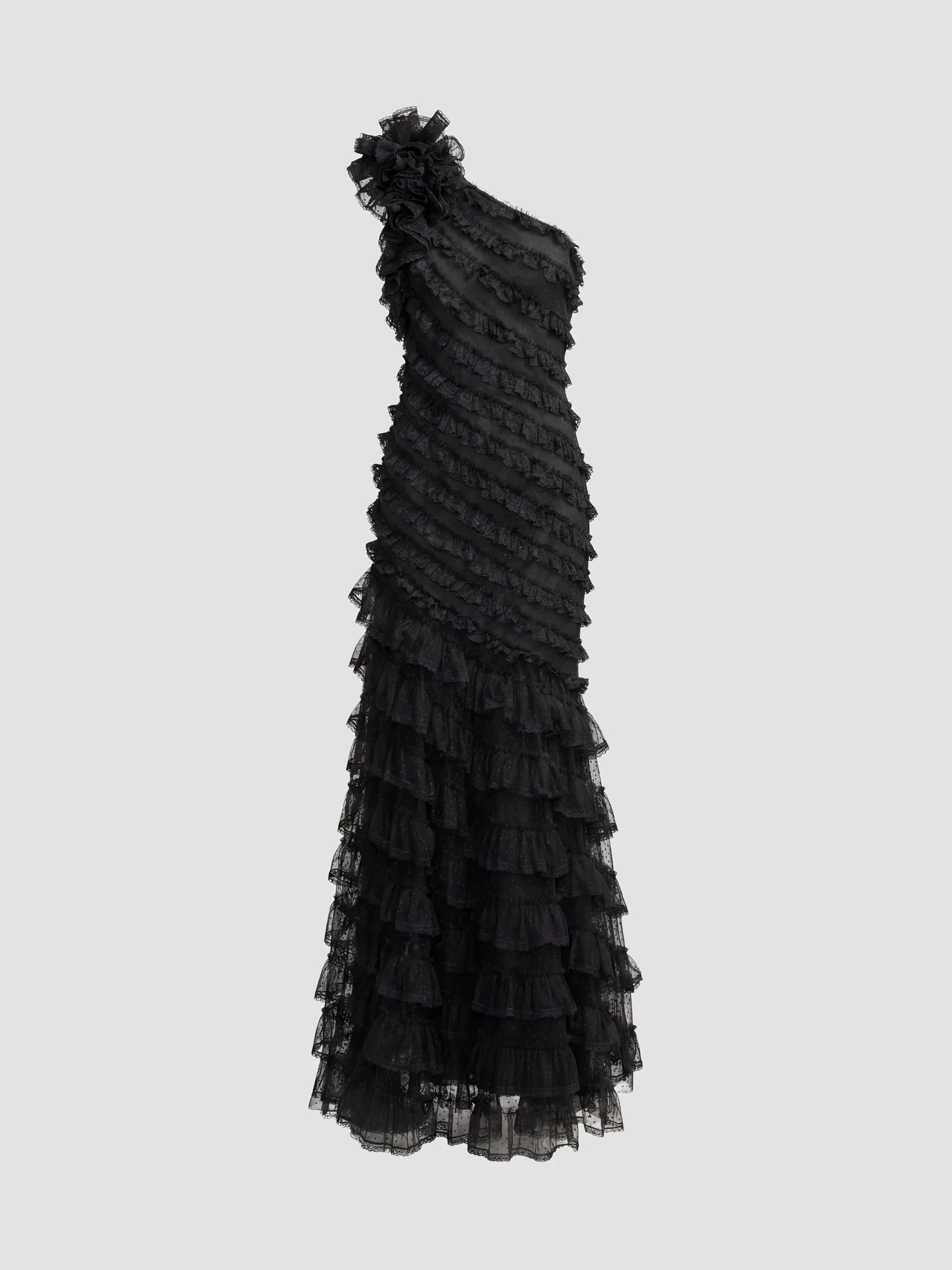 Women's One-Shoulder Mesh-Lace Trumpet Gown - Black - 1