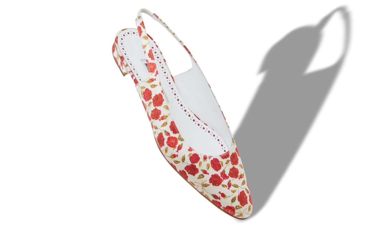 White and Red Satin Slingback Flat Pumps - 2