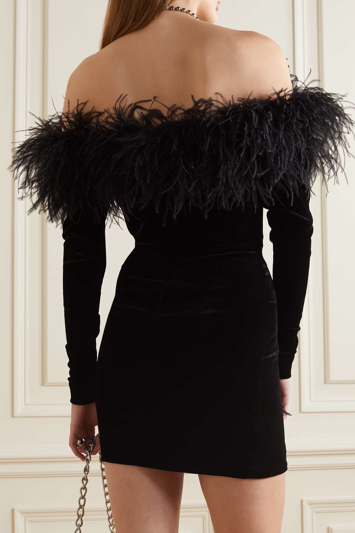 Off-the-shoulder feather-trimmed stretch-velvet mini dress - 3