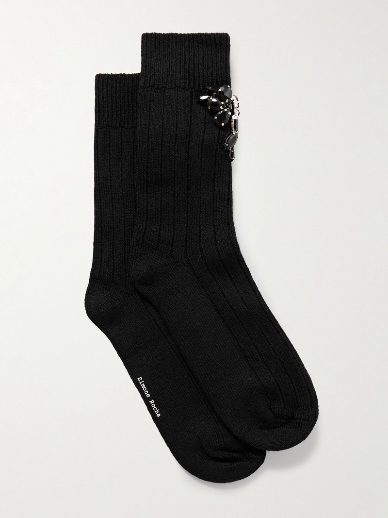 Crystal-embellished ribbed wool-blend socks Black 1
