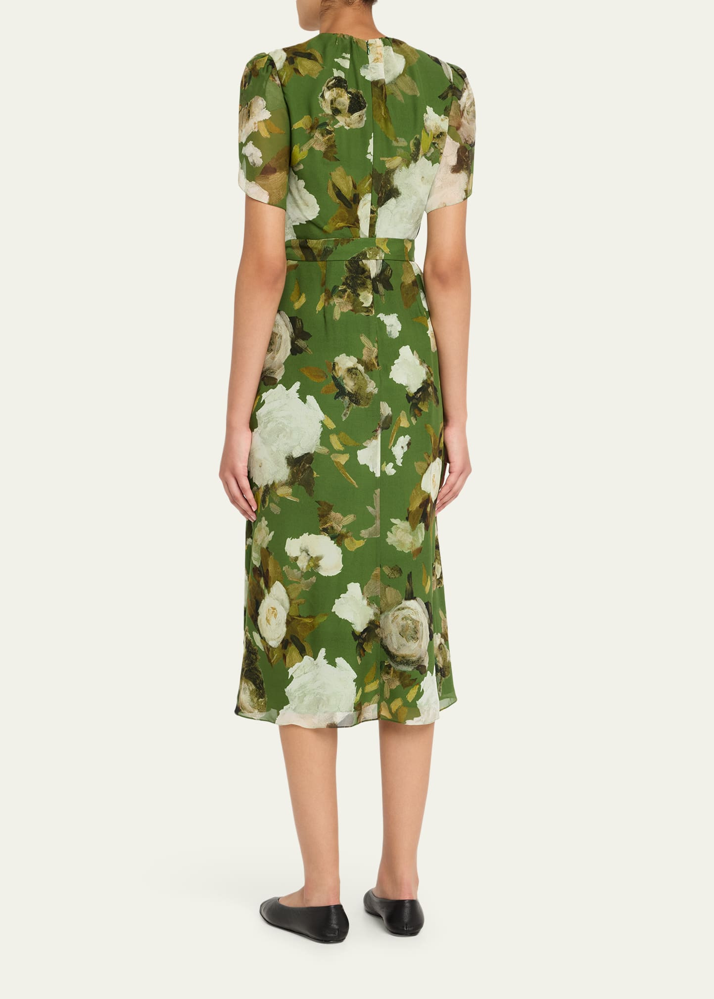 Floral Silk Short-Sleeve Belted Midi Dress - 3