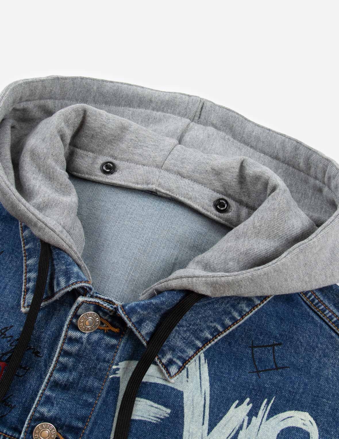 GRAFFITI PRINT LOOSE FIT HOODED DENIM JACKET - 9