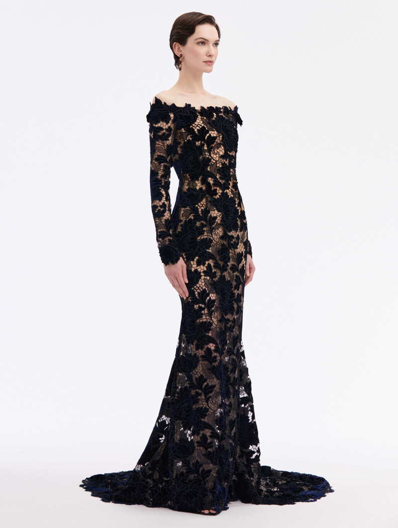 OFF SHOULDER PEONY VELVET GUIPURE GOWN 3