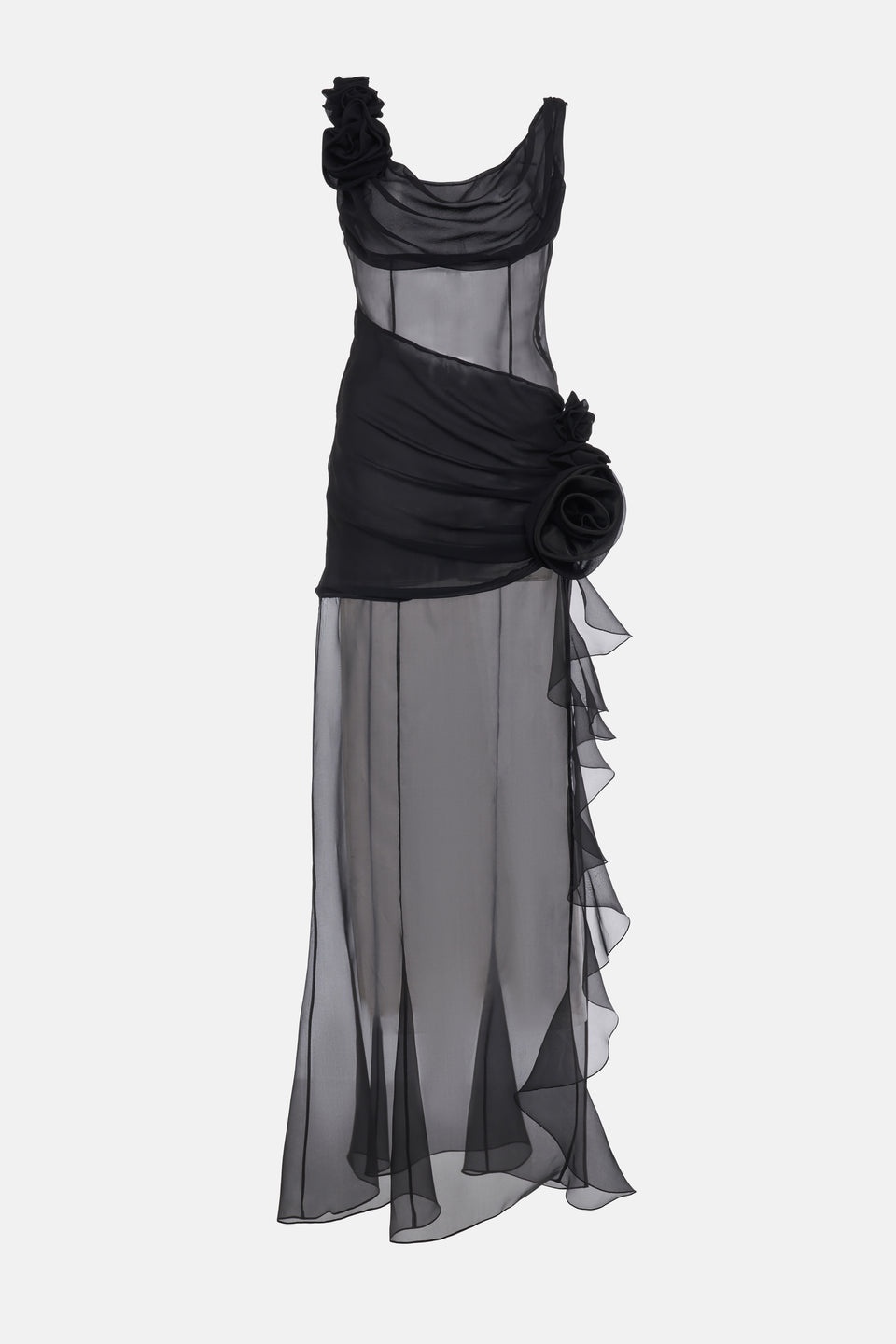 SILK ORGANZA EVENING DRESS WITH VOLANT - 1