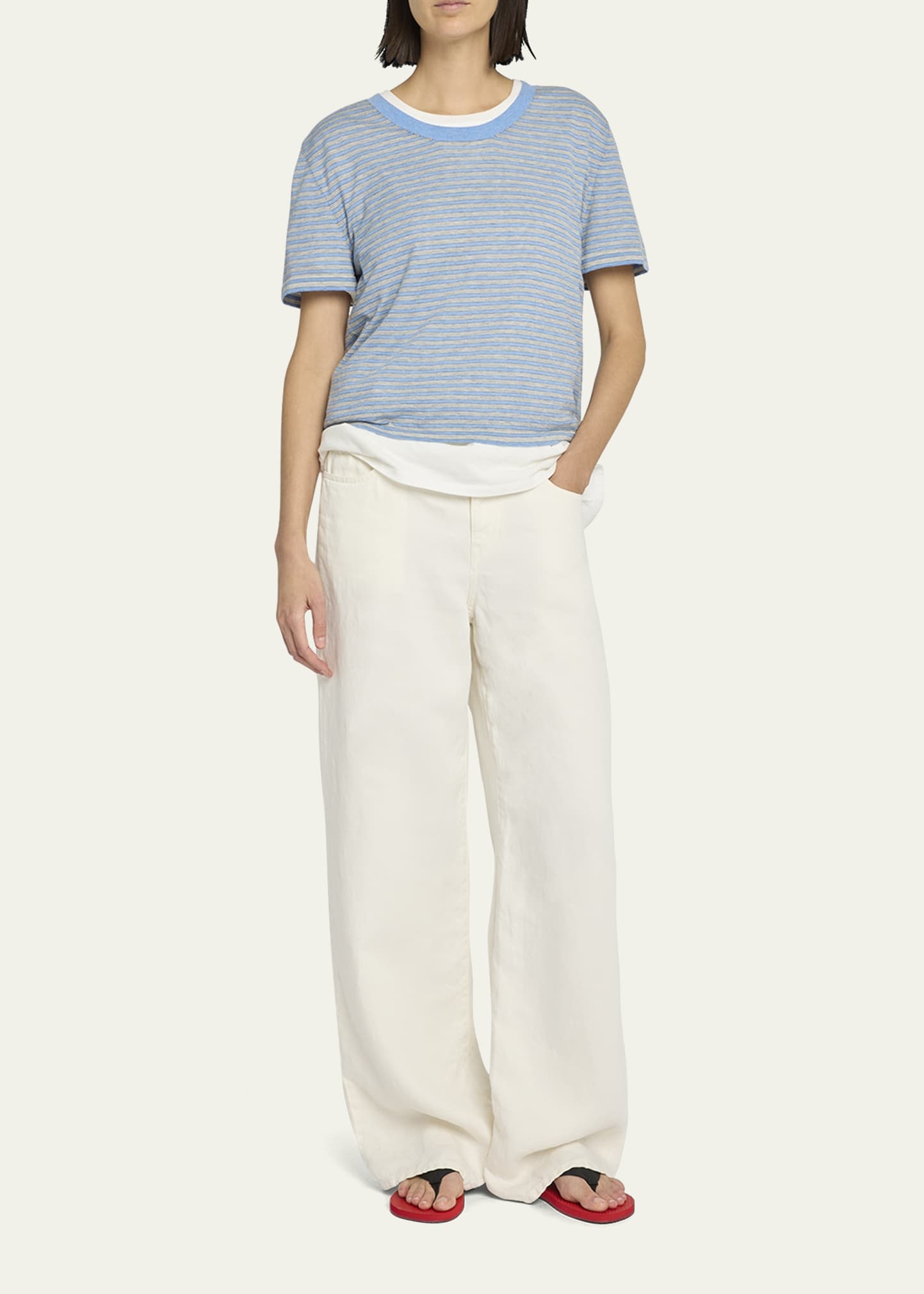Jansu Striped Short-Sleeve Cotton-Cashmere Top - 2
