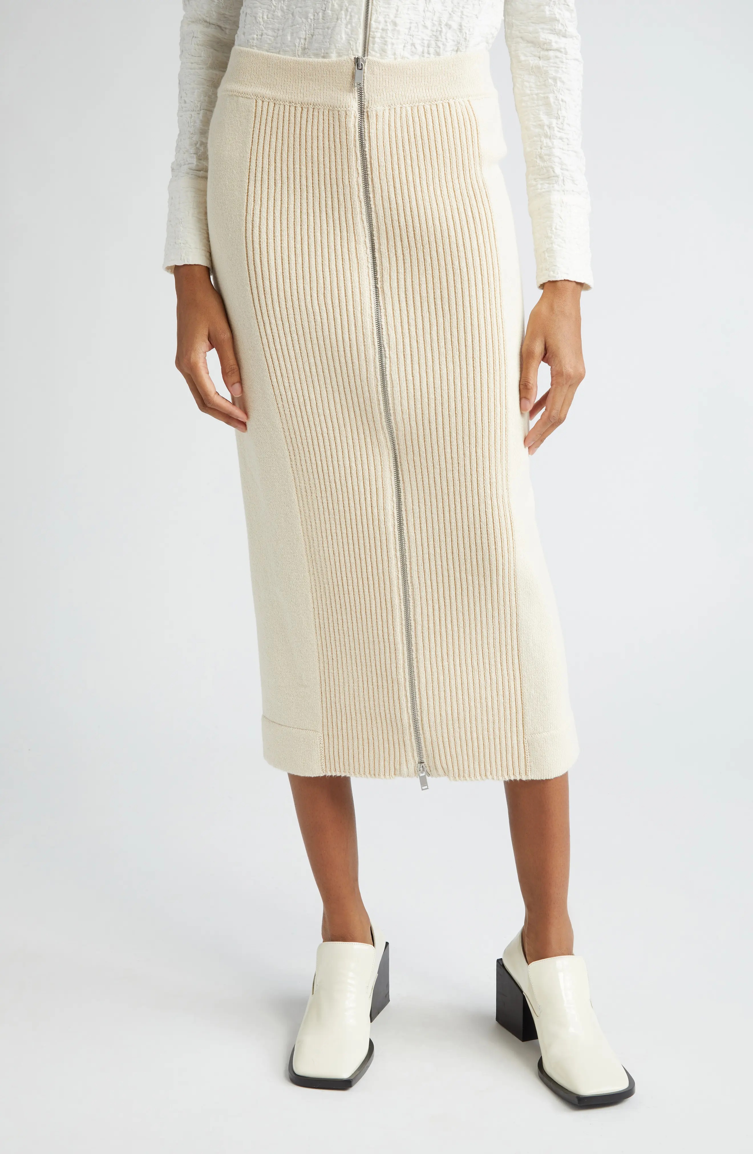 Front Zip Knit Cotton Rib Skirt - 1