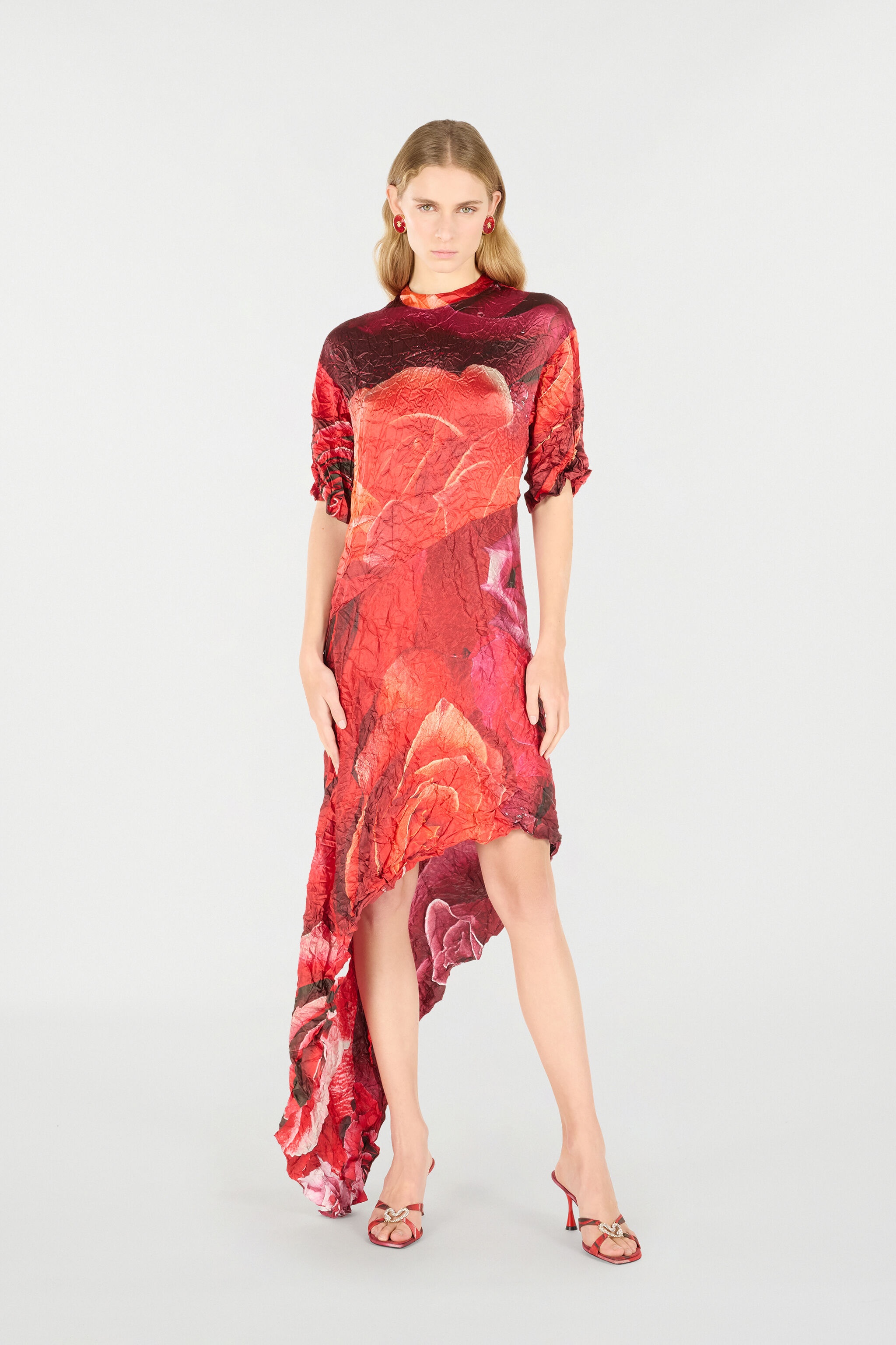 Crinkled Asymmetric Dress With Rose Print - 2