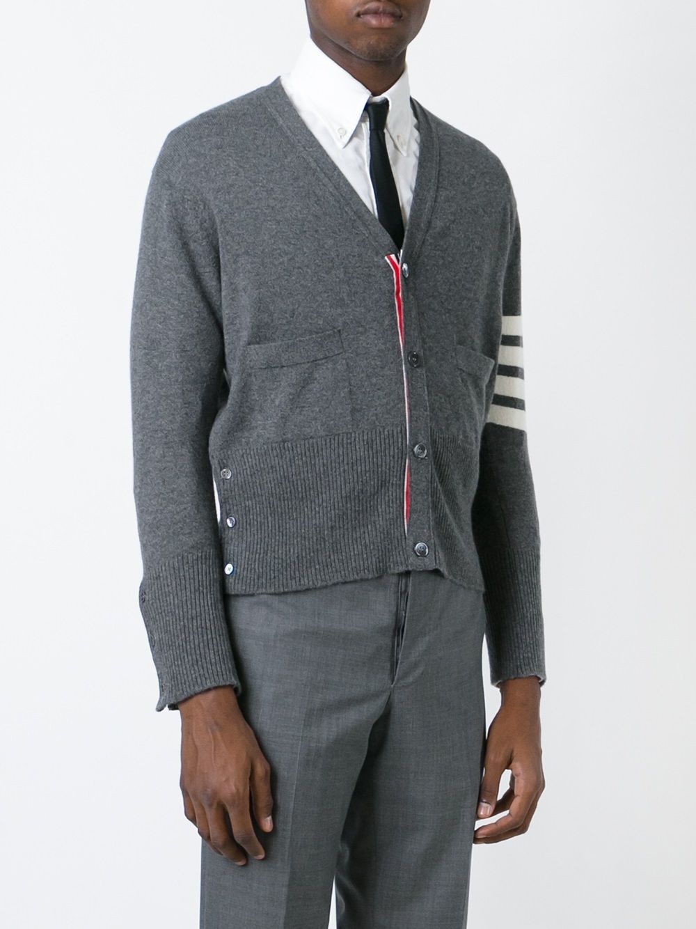 THOM BROWNE - Men Classic Short V Neck Cardigan W/ White 4 Bar Stripe In Cashmere - 2
