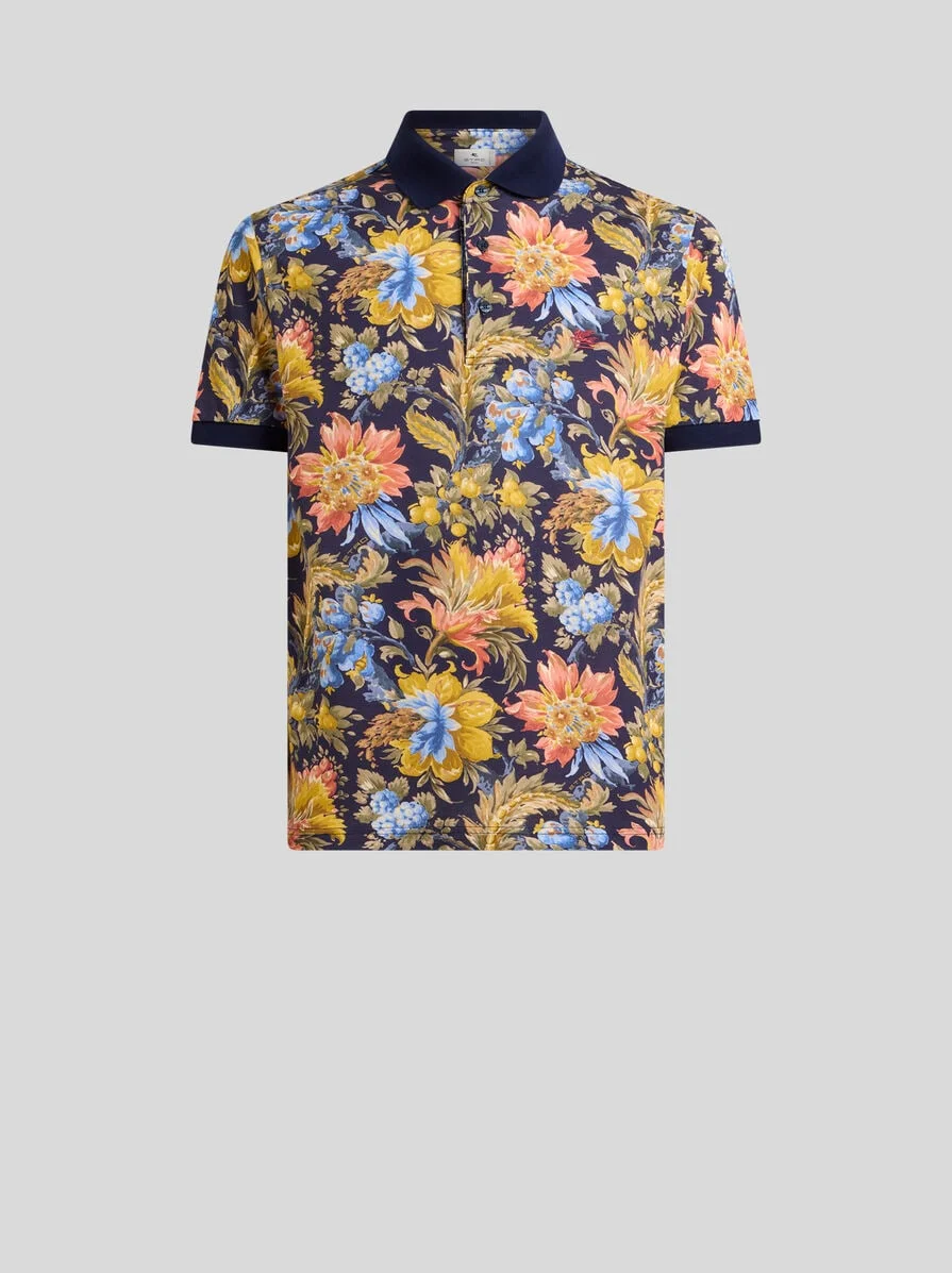 COTTON PIQUE POLO SHIRT WITH PLAIN-COLOUR DETAILS AND FLORAL MOTIF - 1