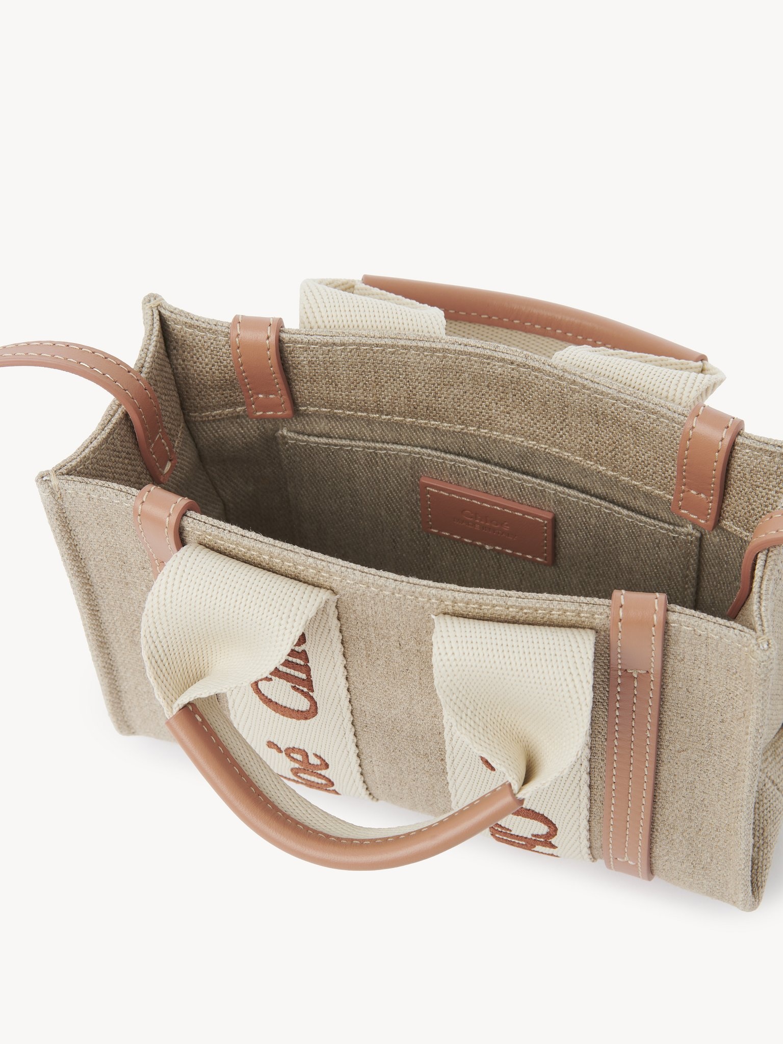 MINI WOODY TOTE BAG IN LINEN & LEATHER - 5