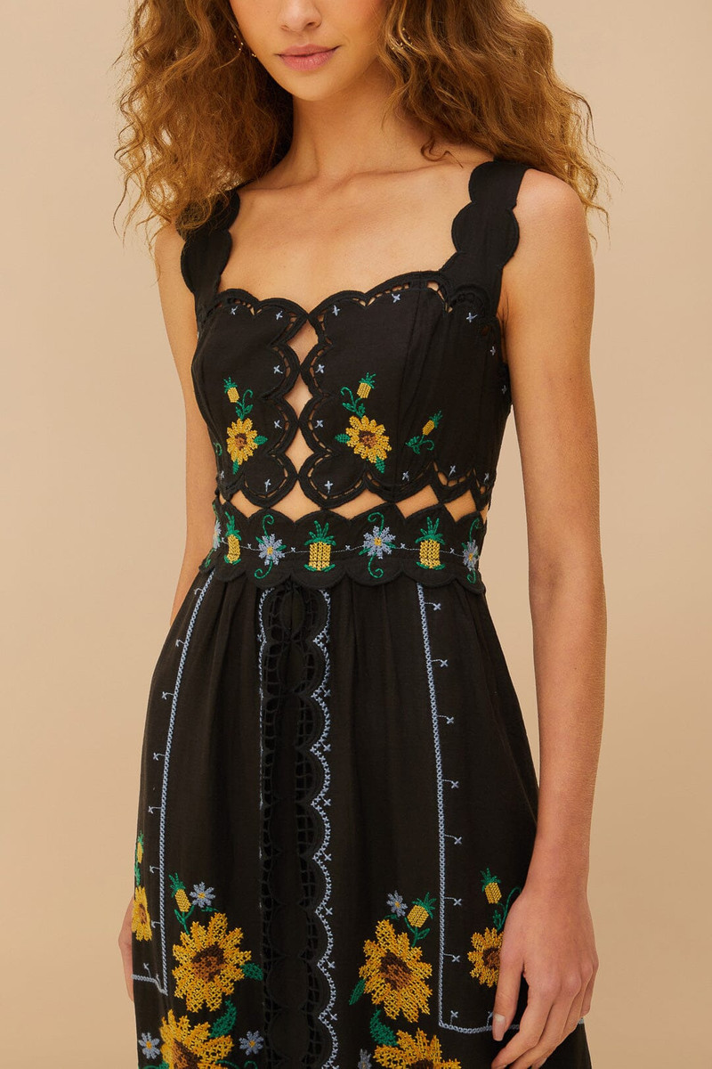 Black Cross Stitch Sunflower Richelieu Lenzing™ Ecovero™ Euroflax™ Midi Dress 3