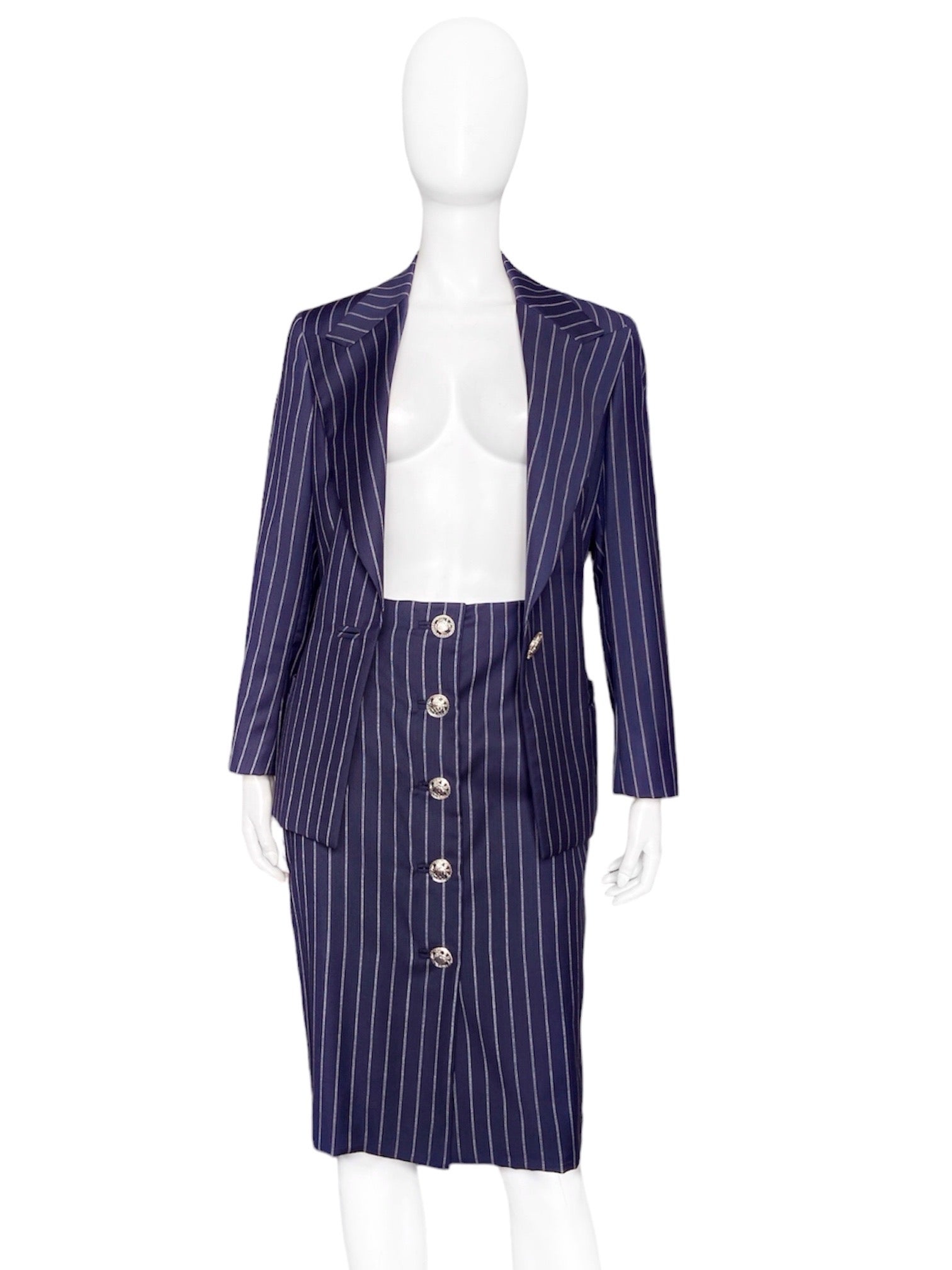 Gianni Versace Spring 1995 Navy Double Pinstriped Wrap Skirt Suit 42 - 7