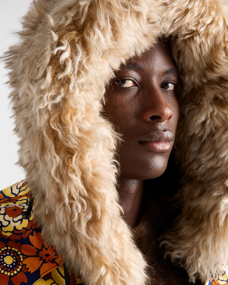 Prada Printed poplin and shearling hood outlook