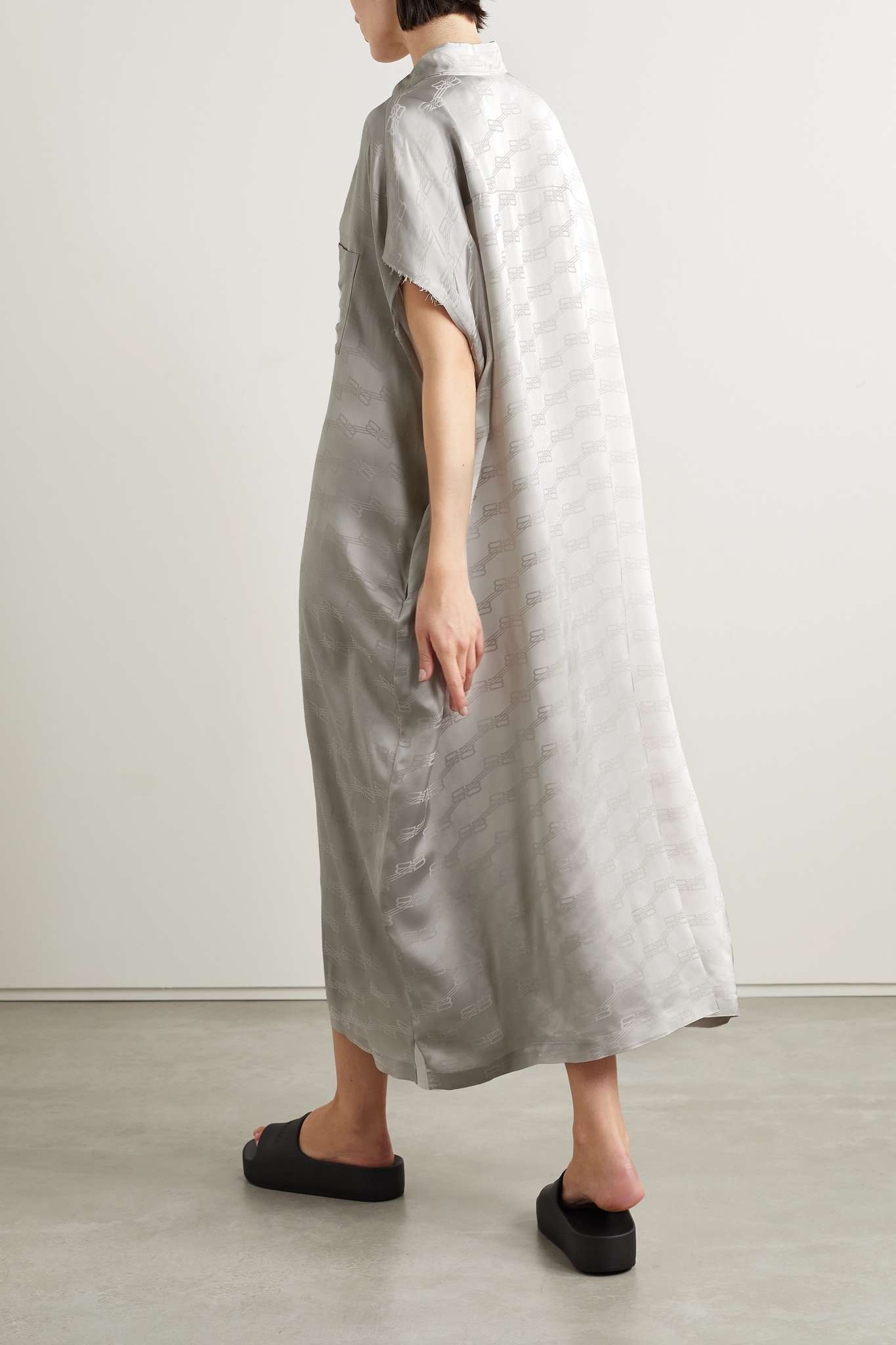 BALENCIAGA Oversized frayed satin-jacquard midi shirt dress