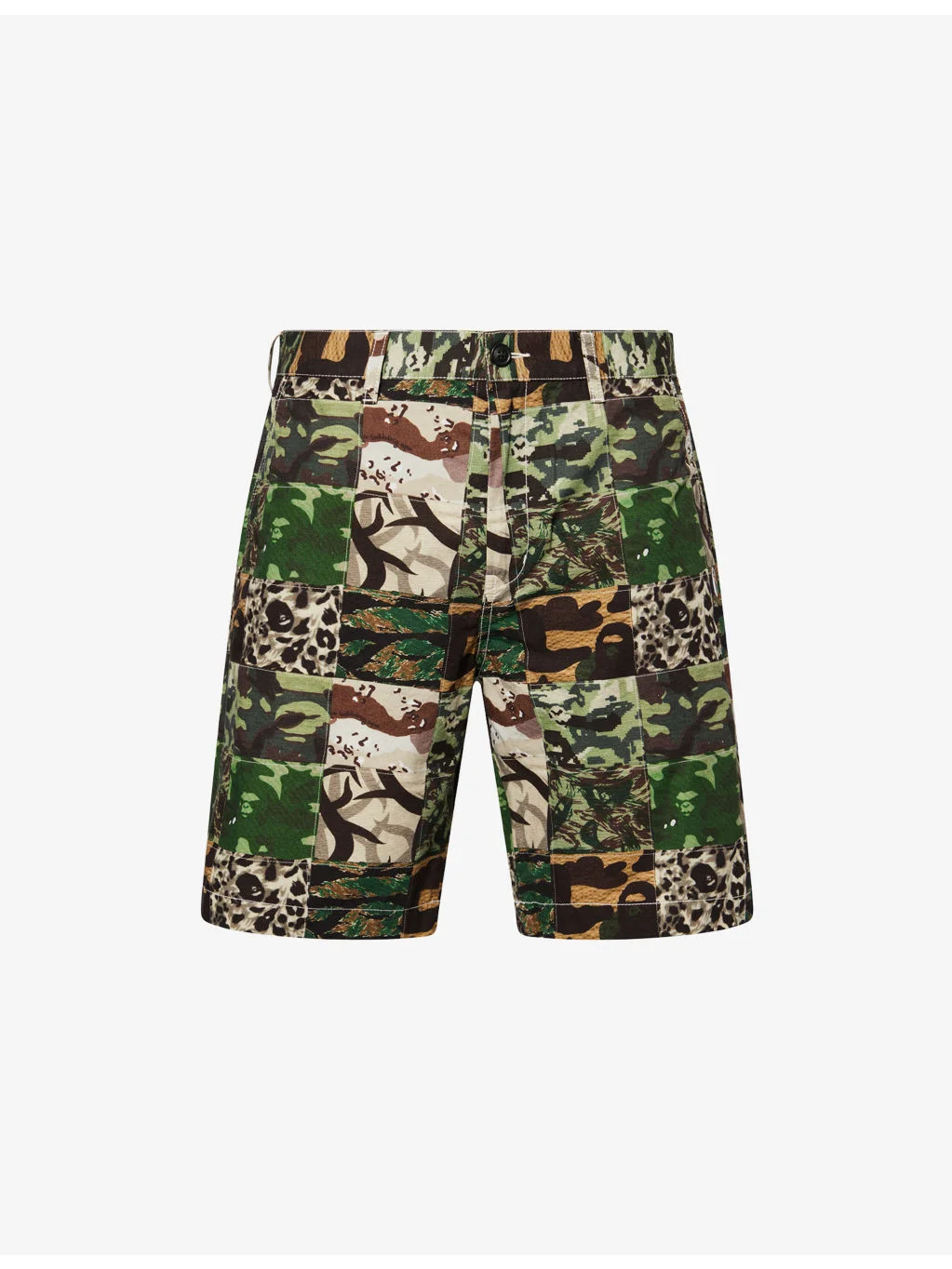 Camo-Print Patchwork Cotton Shorts - 1