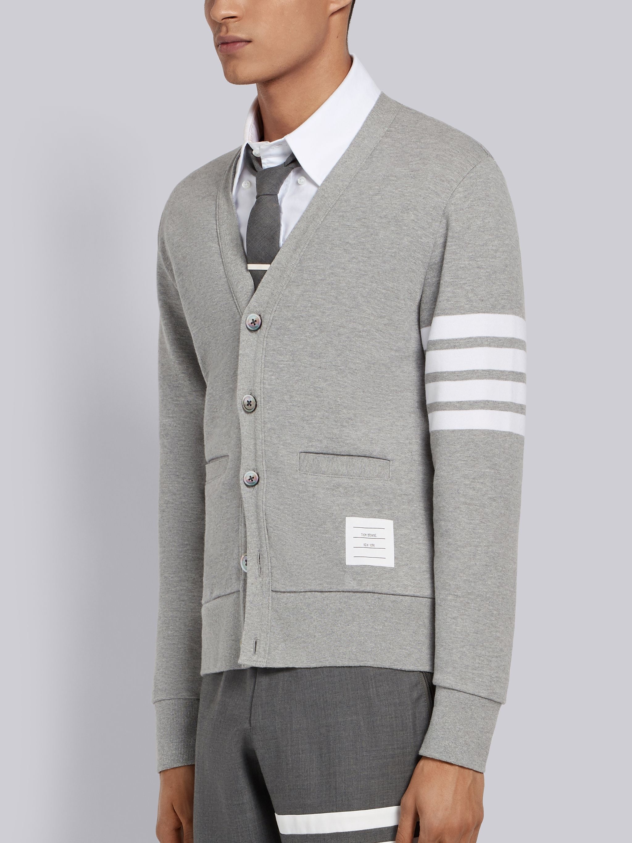 Light Grey 4-Bar Loopback Jersey V-Neck Cardigan - 2