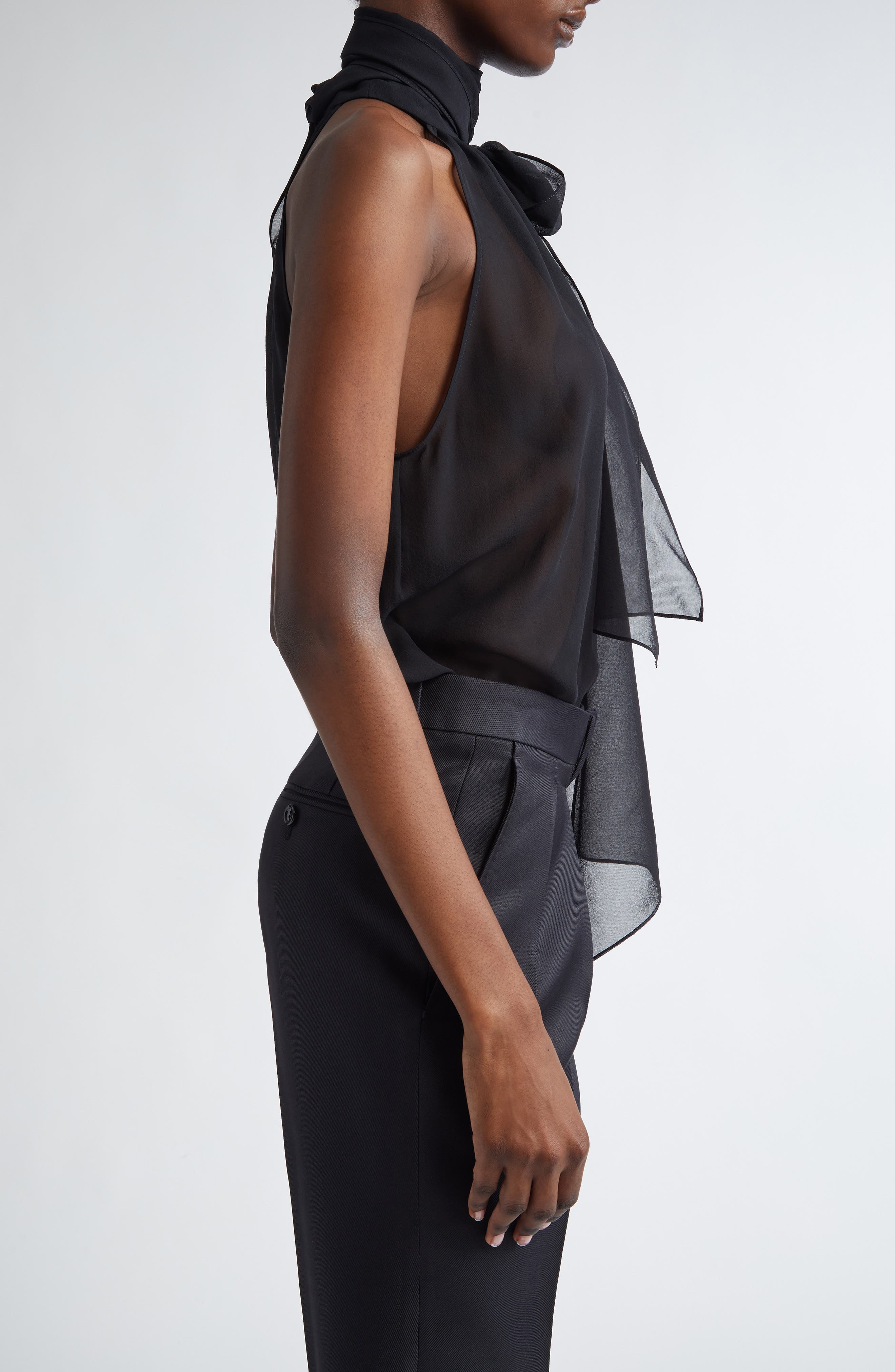 TOM FORD Silk Georgette Tie Neck Top in Black at Nordstrom - 4