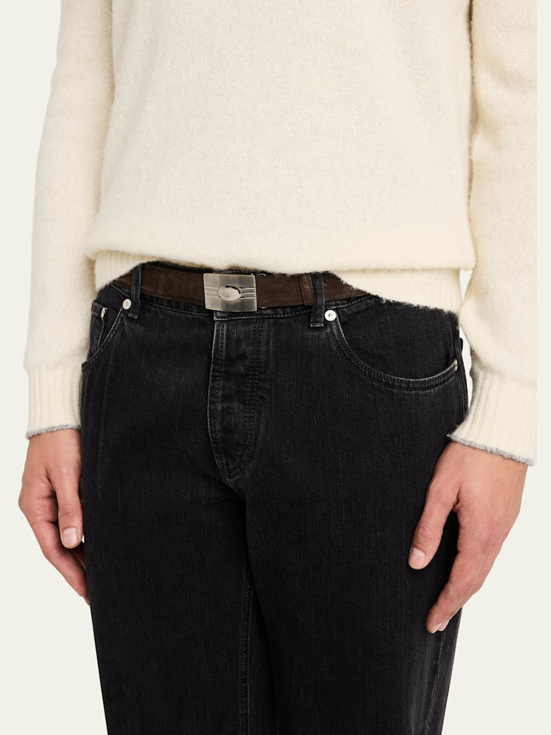 Brunello Cucinelli Men's Suede Rectangle-Buckle Belt outlook