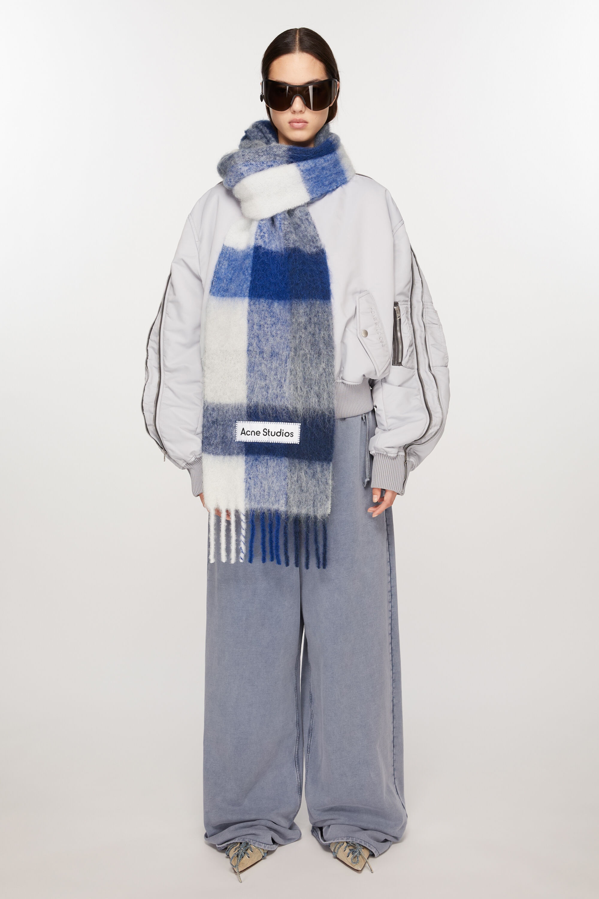 Mohair checked scarf - White/grey/royal blue - 2