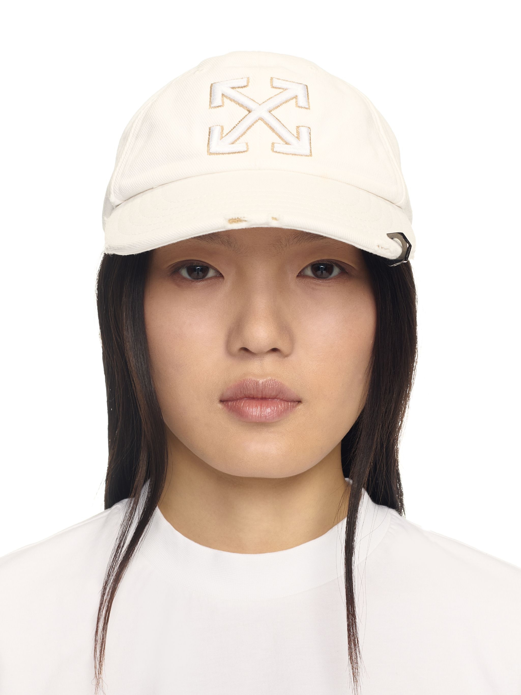 White/beige Distressed Denim Baseball Cap - 4