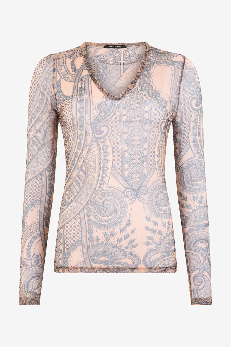Nude sweater with indigo ornamental print 1