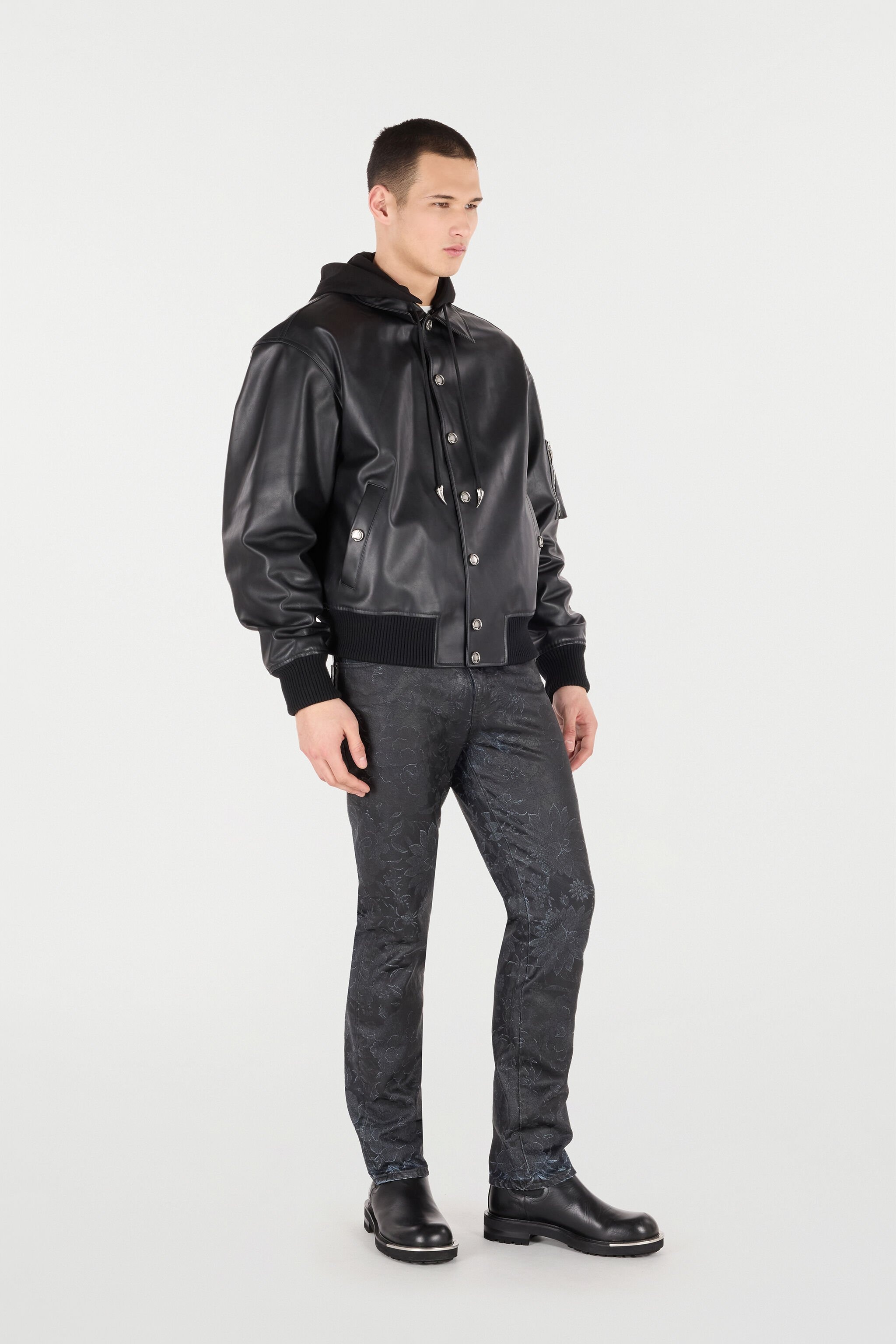 Leather Bomber Jacket with Hood - 3