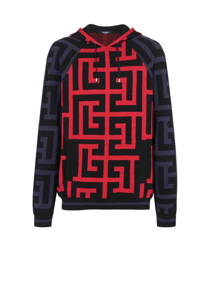 Hooded wool sweatshirt with maxi Balmain monogram print 1