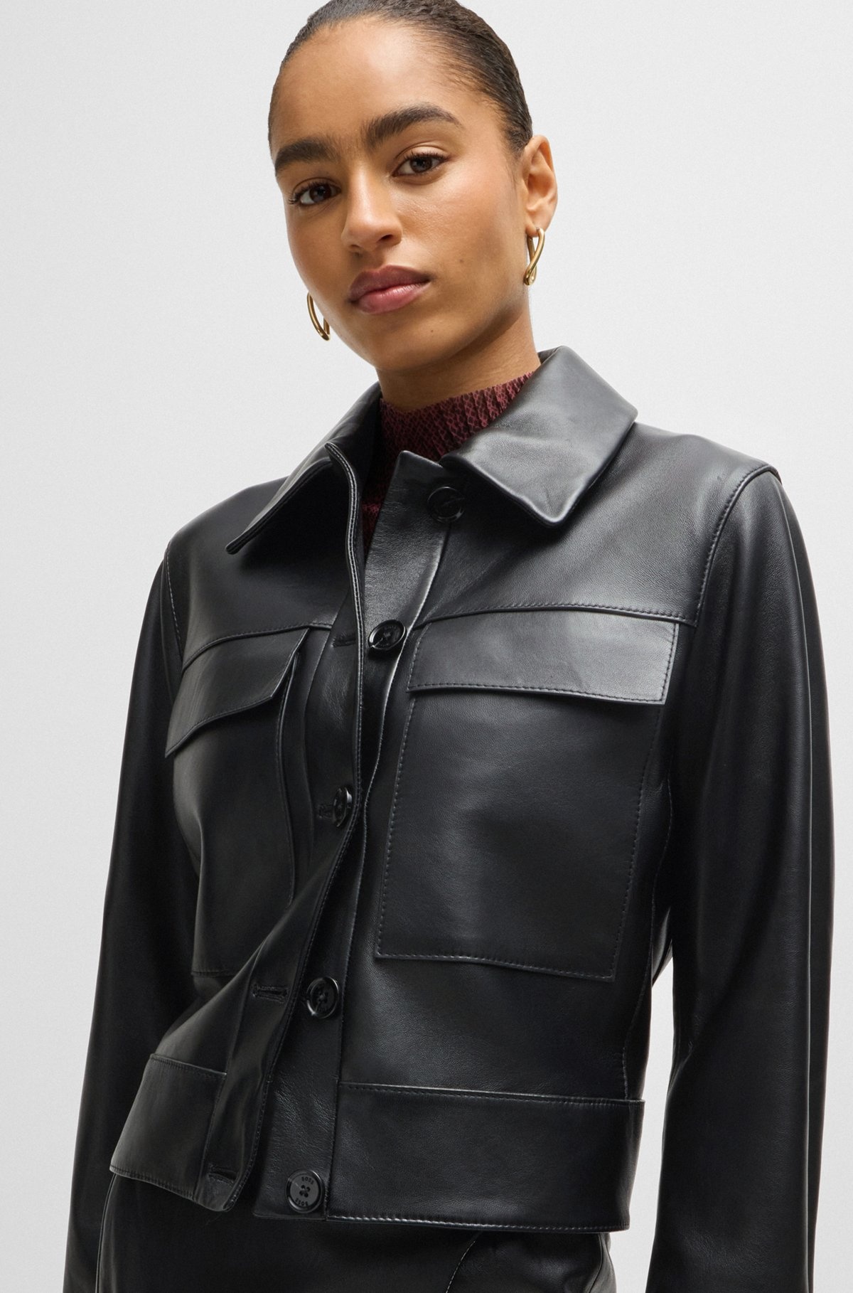 LEATHER JACKET WITH CONTRAST CUFFS AND BUTTONED CLOSURE - 5