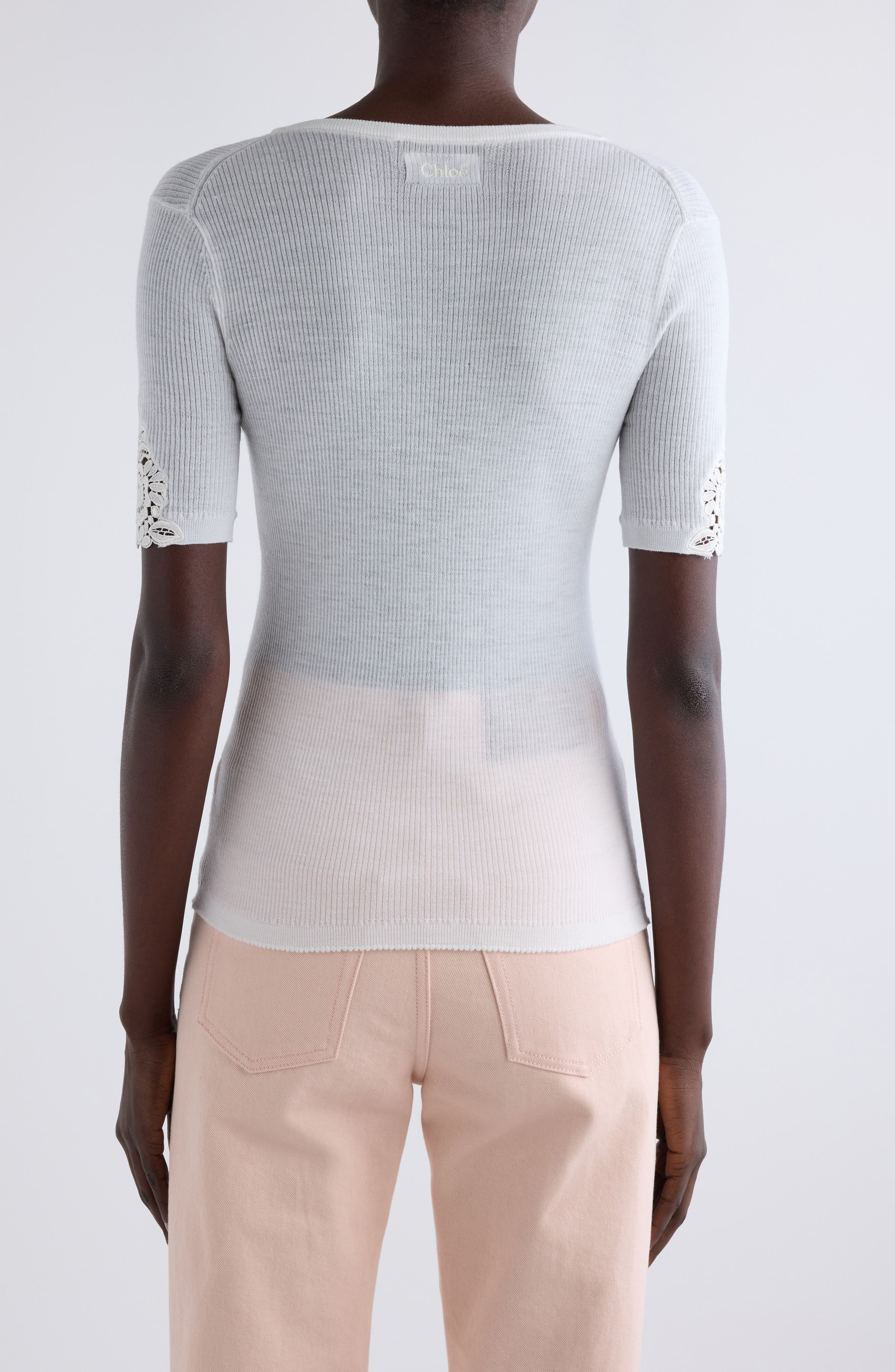 Chloé Lace Trim Rib Top in Iconic Milk at Nordstrom - 3