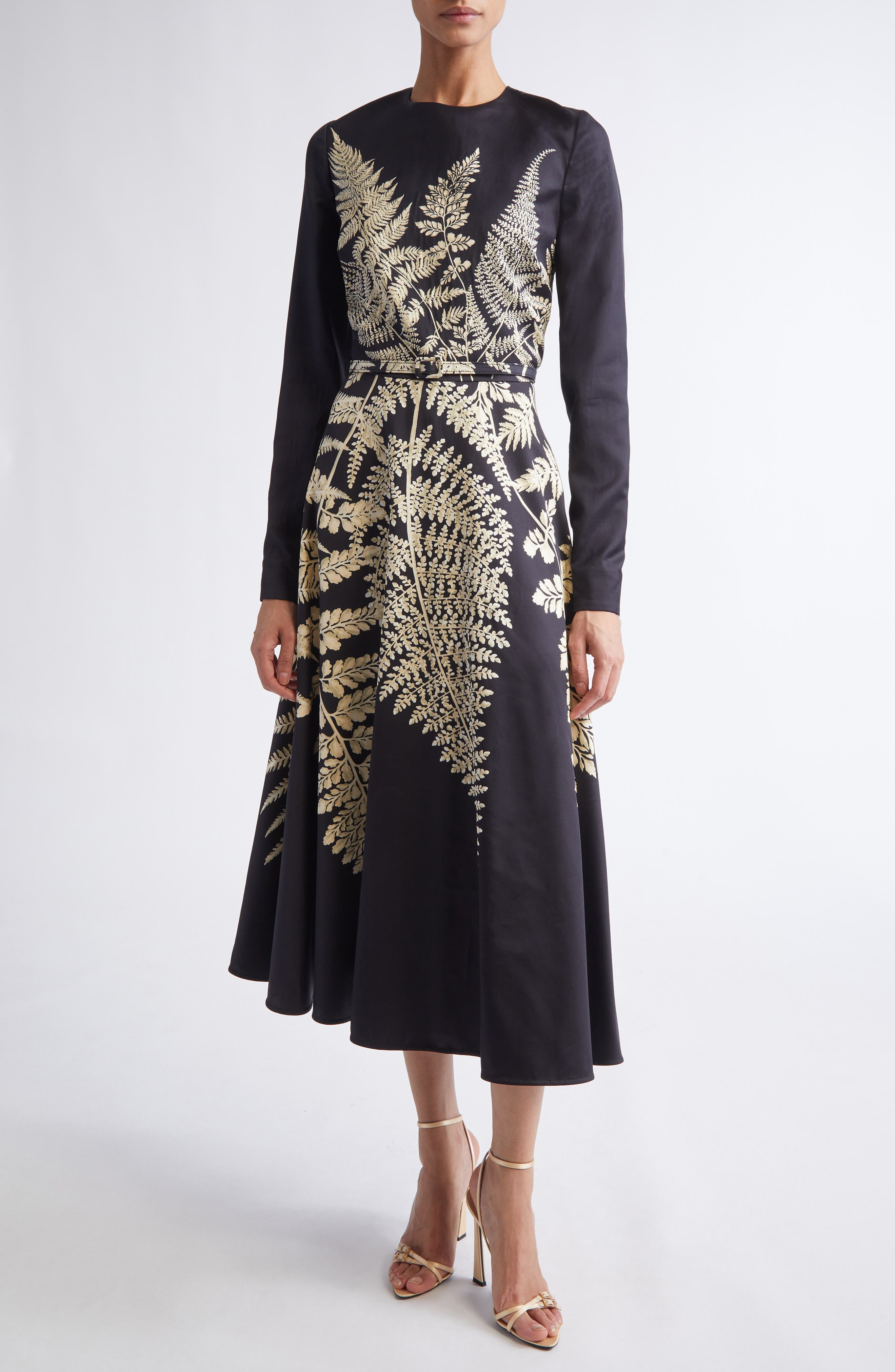 Oscar de la Renta Fern Print Belted Long Sleeve Cocktail Dress in Black/Ecru at Nordstrom - 1