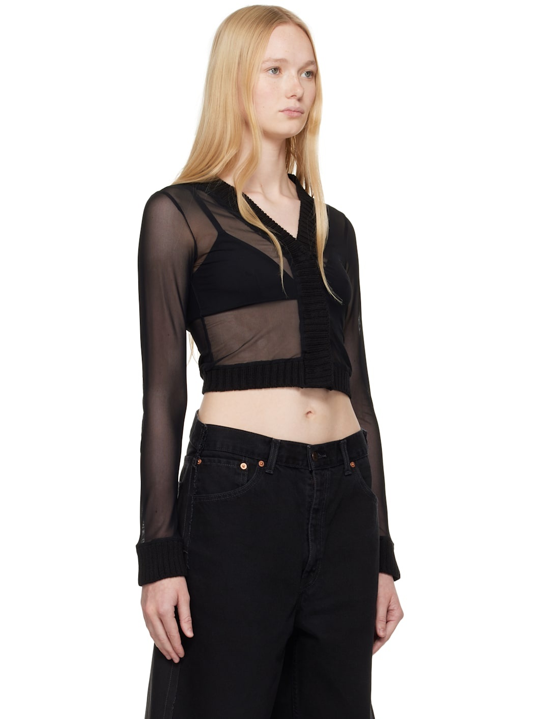 Black Elastic Jersey Mesh Long-Sleeved Cardigan - 2