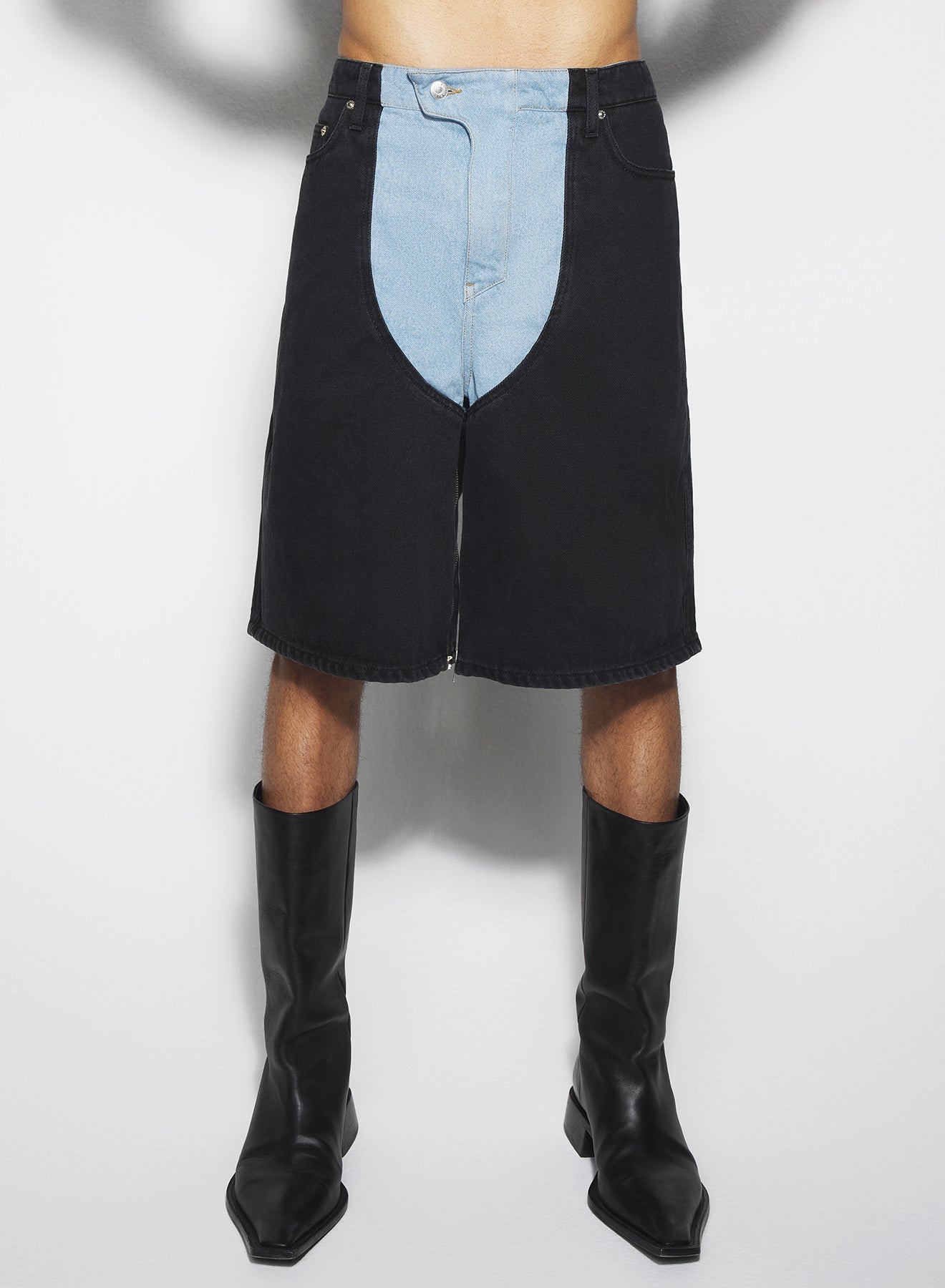 bi-color laced denim shorts - 1