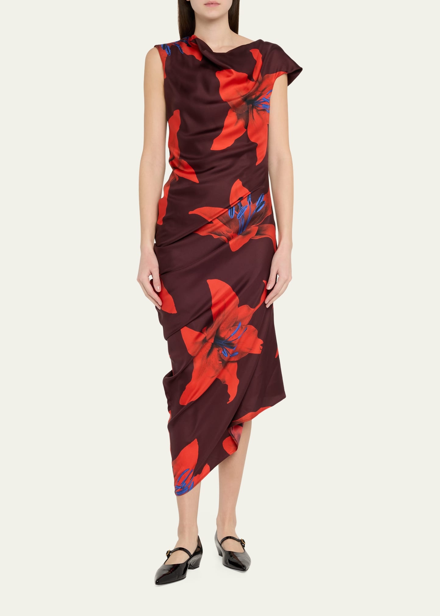 Lily-Print Draped Short-Sleeve Midi Dress - 2