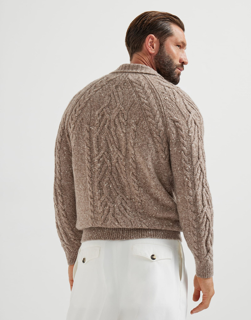 Brunello Cucinelli Flecked cashmere wide cable knit polo shirt outlook