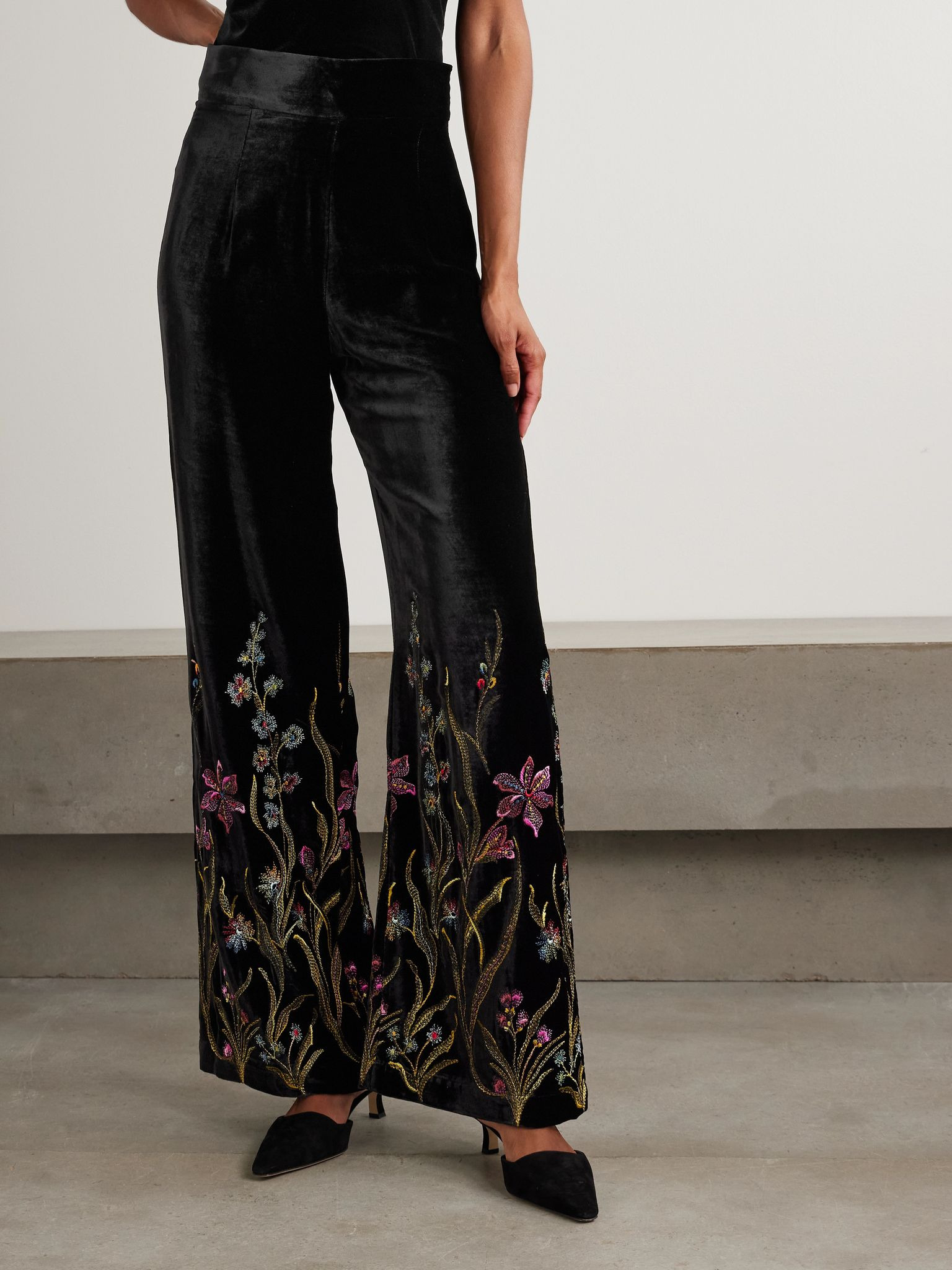 Cipro embroidered velvet straight-leg pants Black - 3