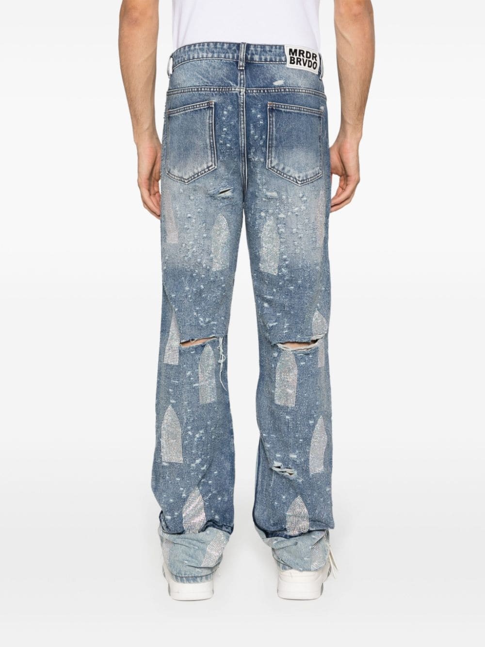 rhinestoned distressed straight-leg jeans - 4