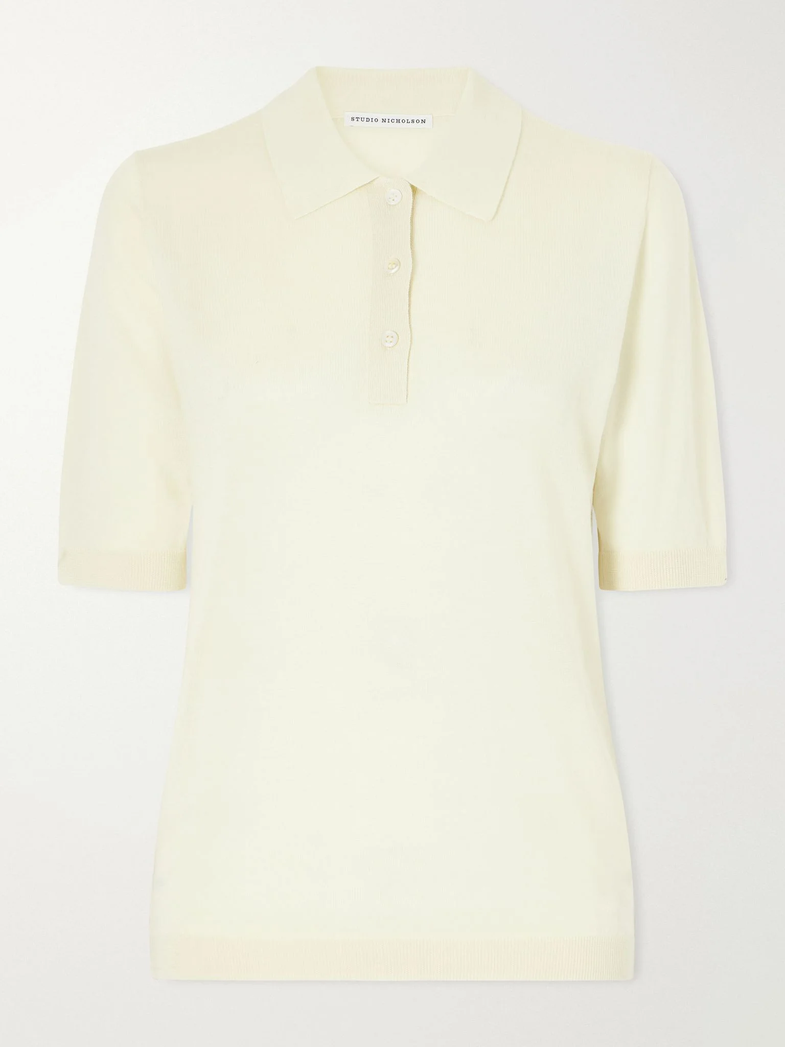 Ribbed merino wool and silk-blend polo sweater Cream - 1