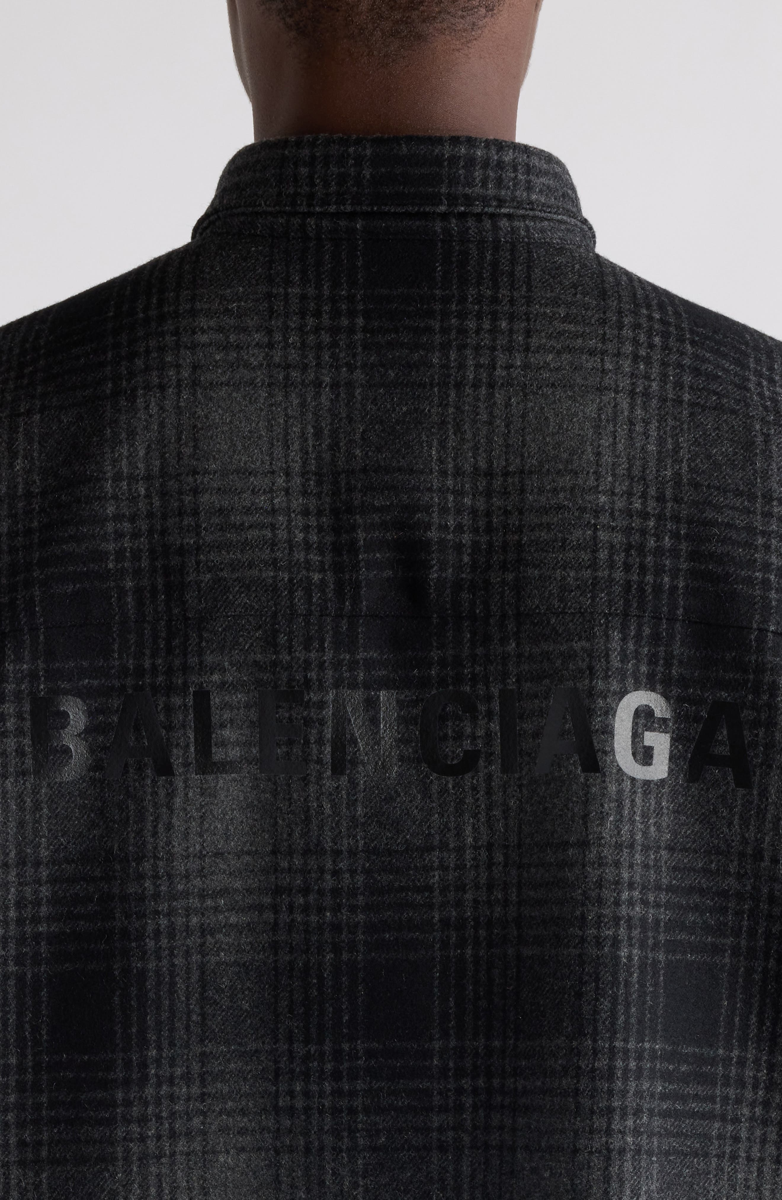Balenciaga Oversize Plaid Wool Blend Flannel Button-Down Shirt in 1262 Grey/Black at Nordstrom - 5