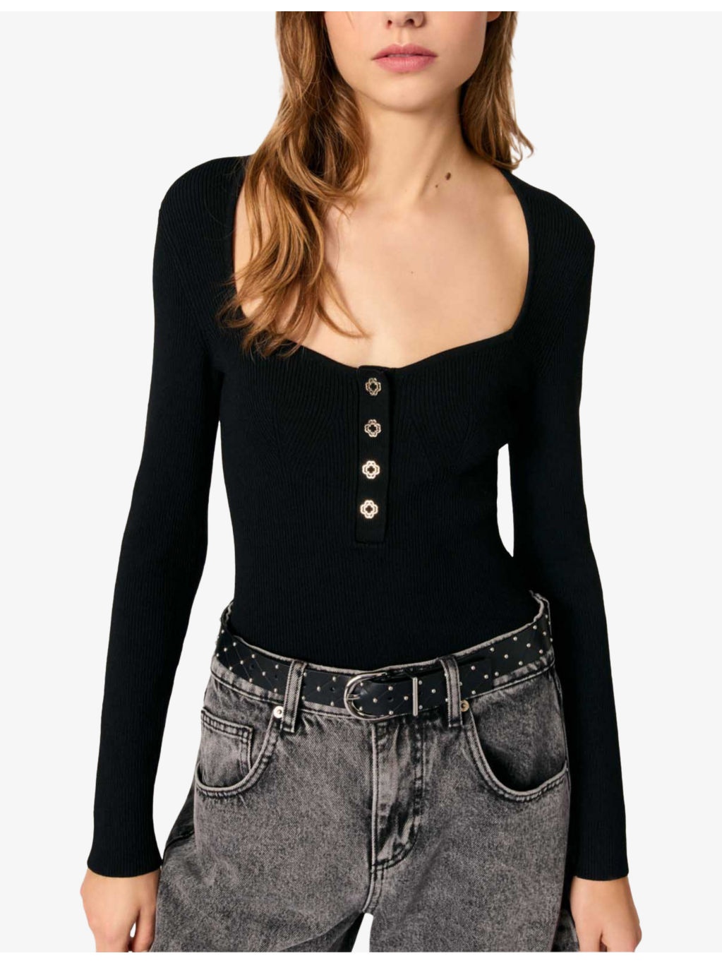 Square-neck long-sleeve ribbed-knit top - 3