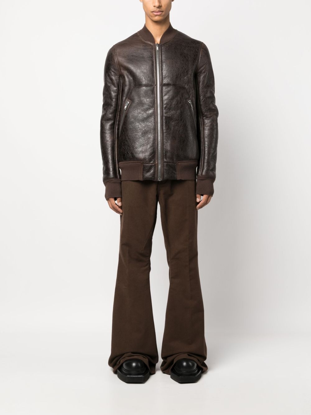 shearling-lining leather bomber jacket - 2