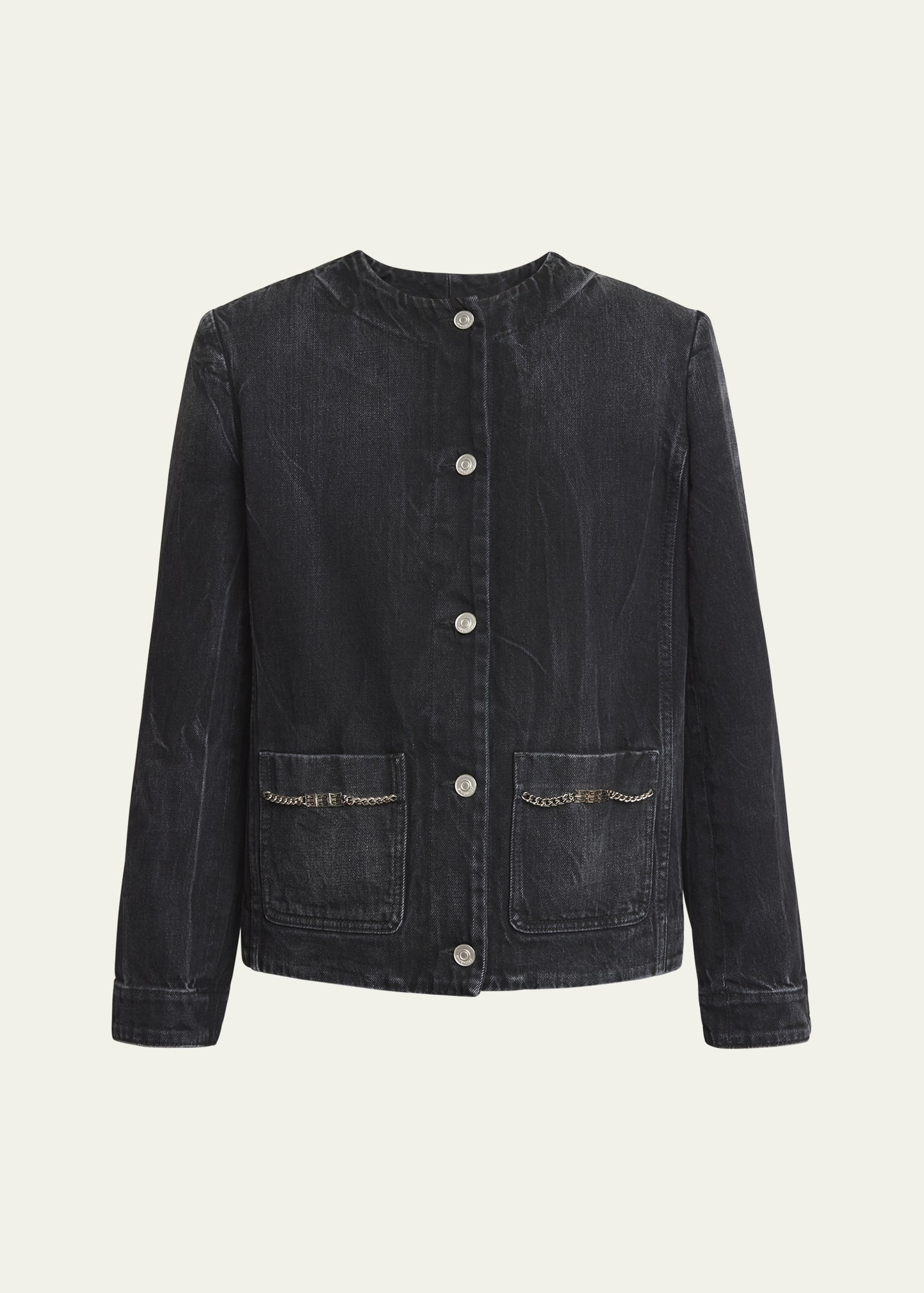 Collarless Button-Front Denim Jacket - 1