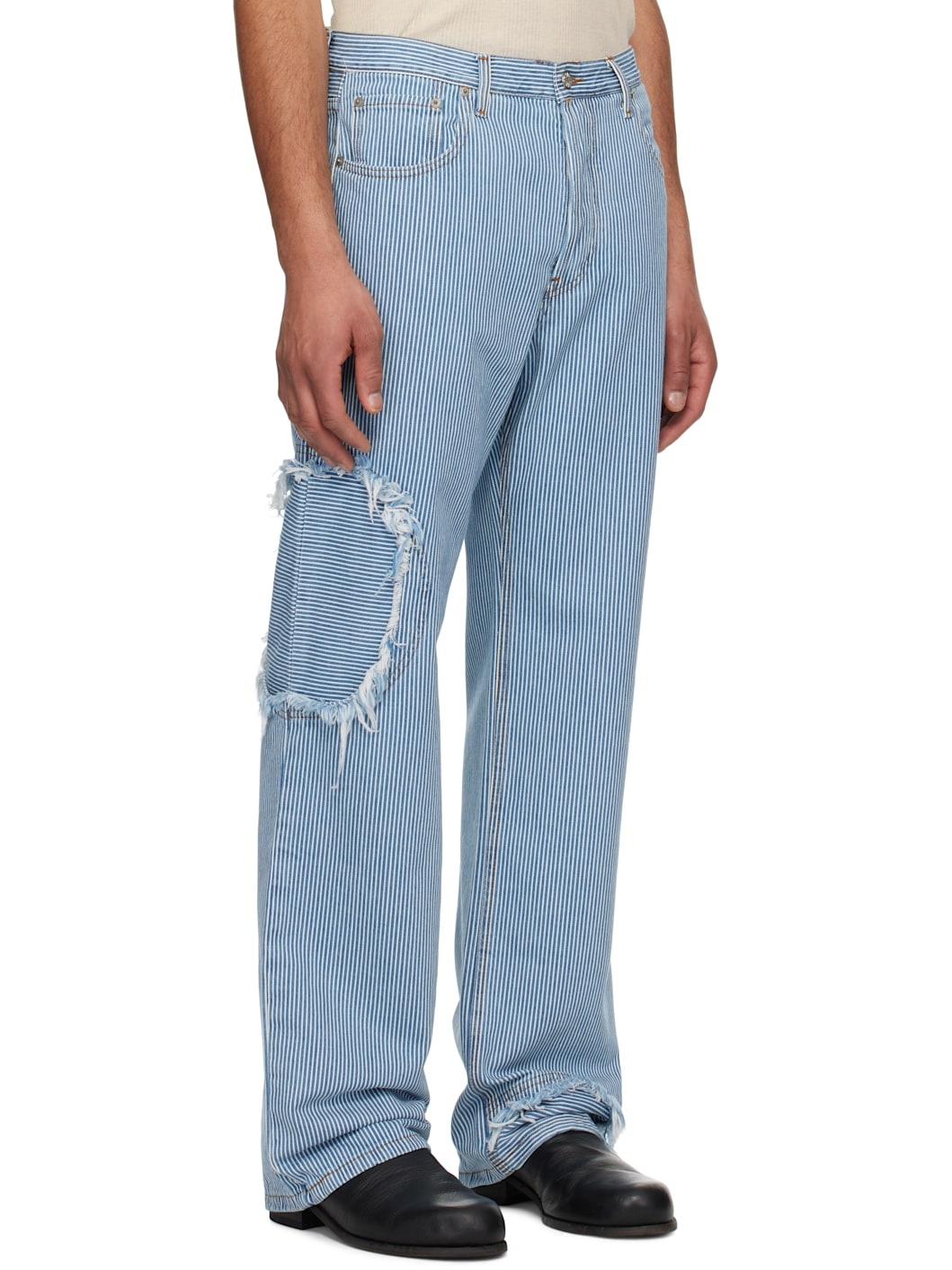 Blue & White Denim Circle Window Jeans - 2