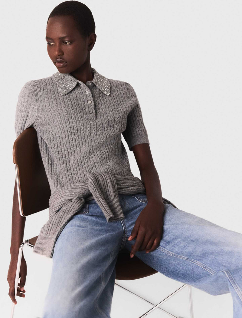 Wool polo shirt with rhinestone collar 7