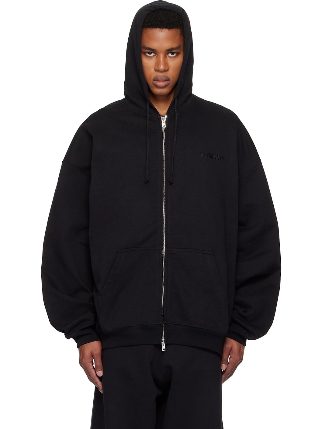 VETEMENTS Black Embroidered Logo Oversized Zip Up Hoodie REVERSIBLE